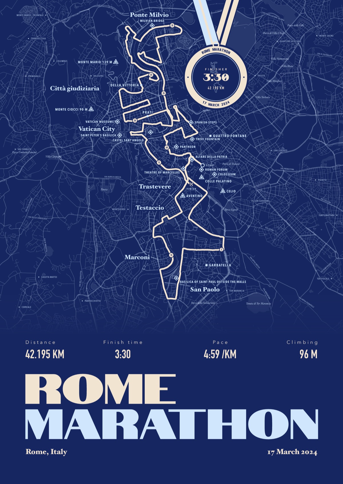 Running print of the Rome Marathon with a finisher's medal, framed