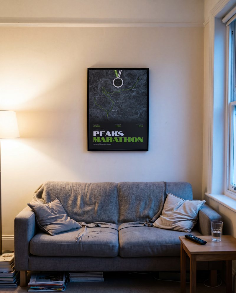 A Peaks Marathon running print in Matcha, in a black frame, in a living room